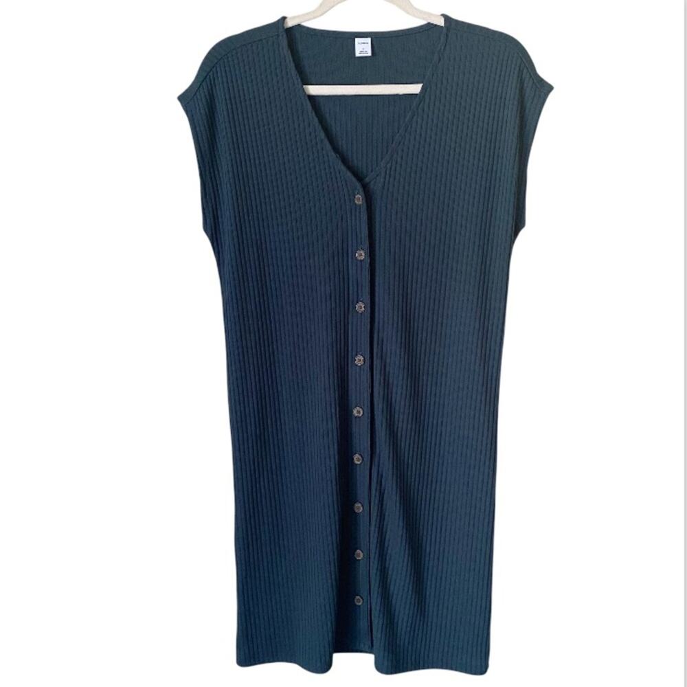 Old Navy | Ribbed Knit Button Front Shift Dress V-neck Knee Length Green Small